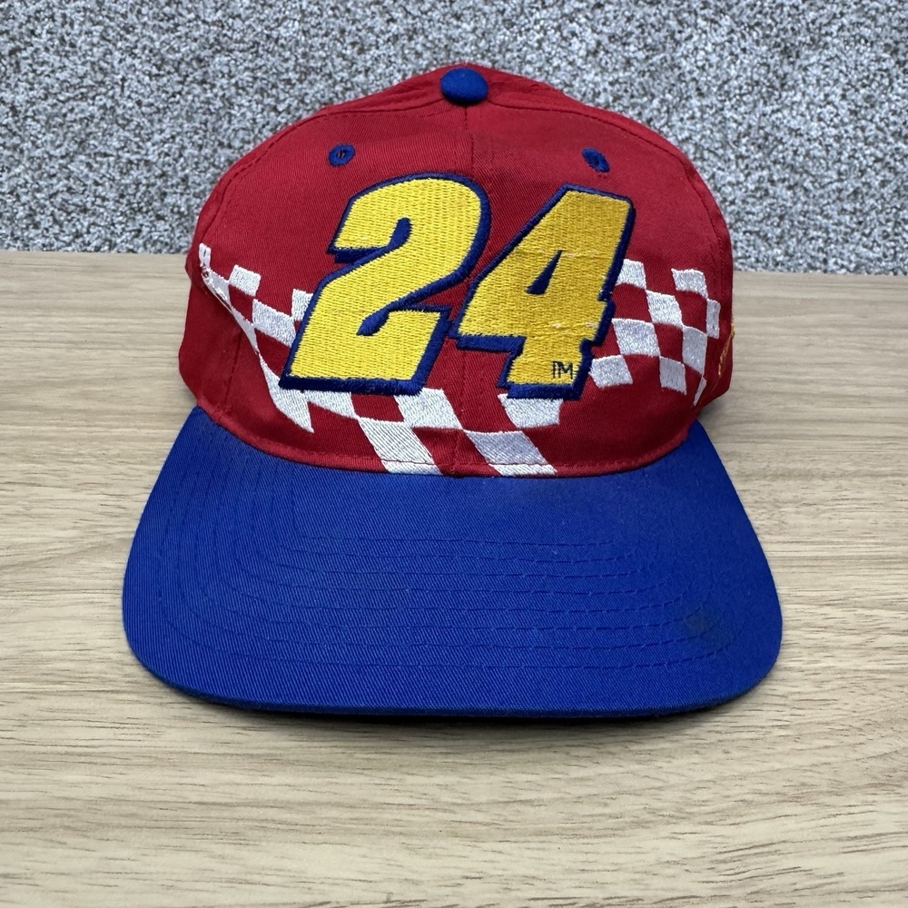 Vintage 90s NASCAR Hat Cap Snap Back Red Blue Jeff Gordon Checker Flag #24 Men's